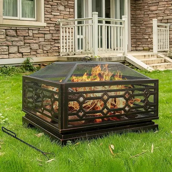 Large 32 Inch Outdoor Fire Pit Wood Burning Square Metal Fireplace