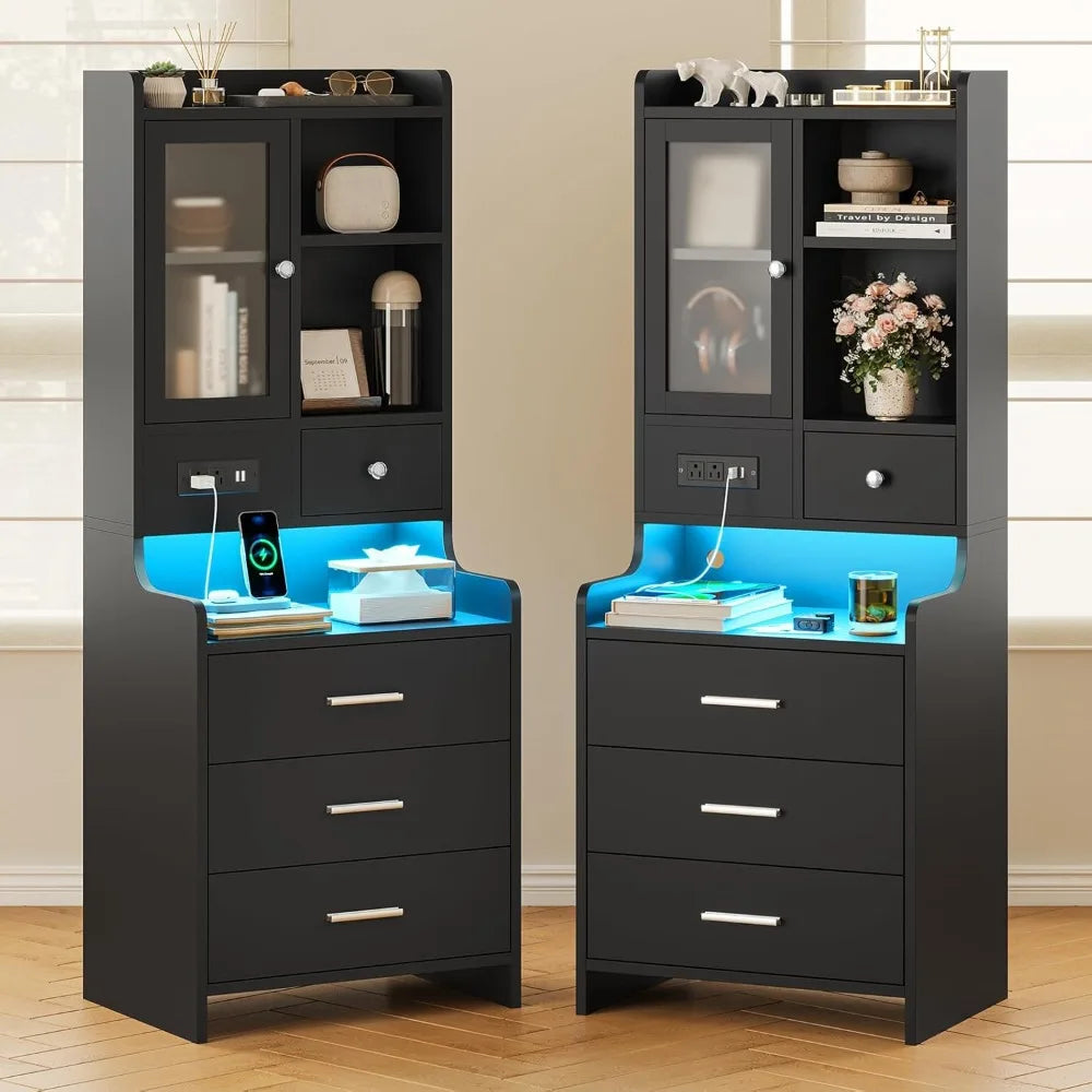 Black Night Stand Set of 2 with Charging Station and LED Lights