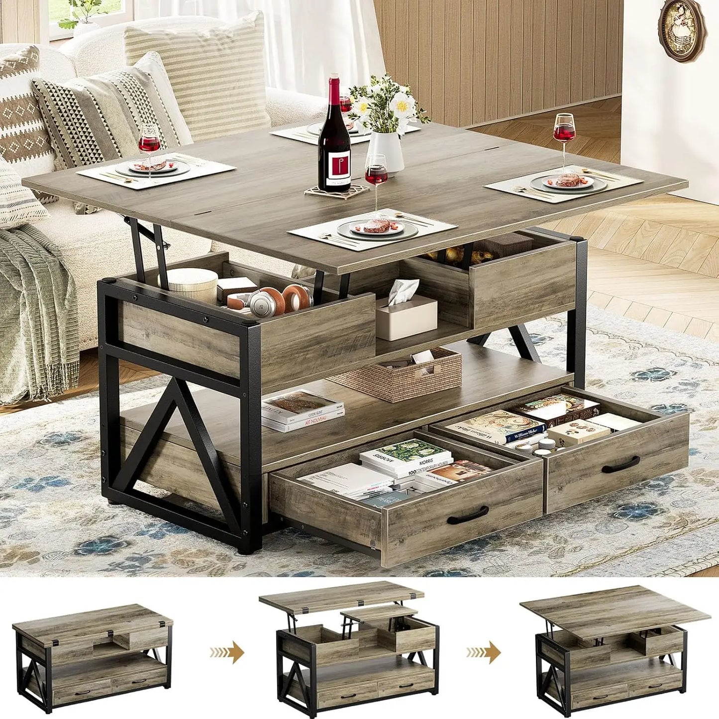 Lift Top Coffee Table Multi-Function Storage Modern Farmhouse Style