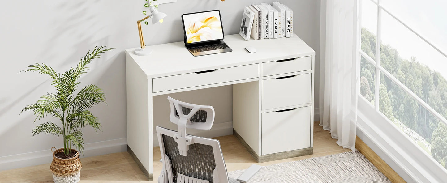 48 Inch White Desk with Drawers Small Computer Study Desk for Kids