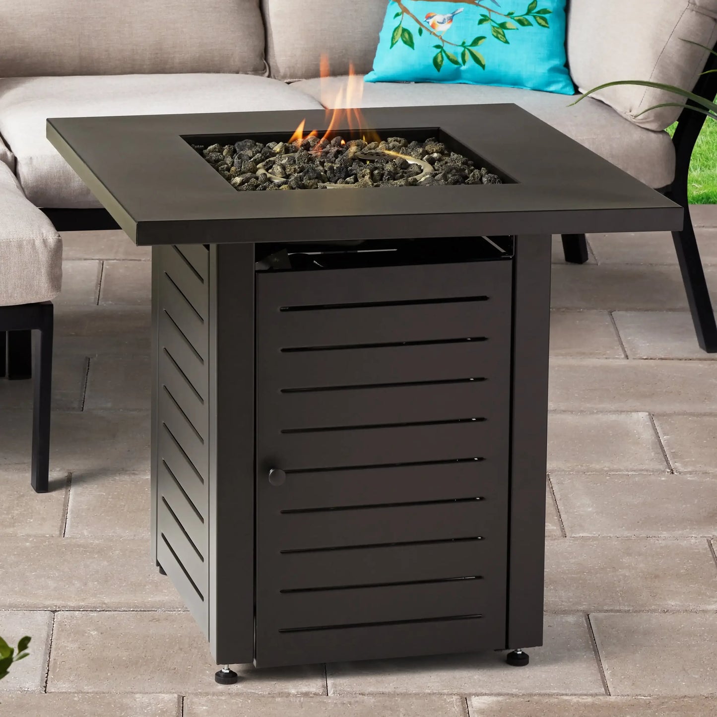 28 Inch Square Propane Gas Fire Pit Table 50000 BTU with Cover Rocks
