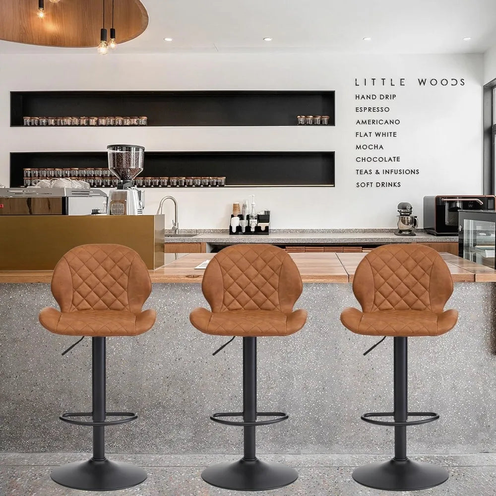 Set of 3 Adjustable Brown Swivel Bar Stools with Back for Home Bar