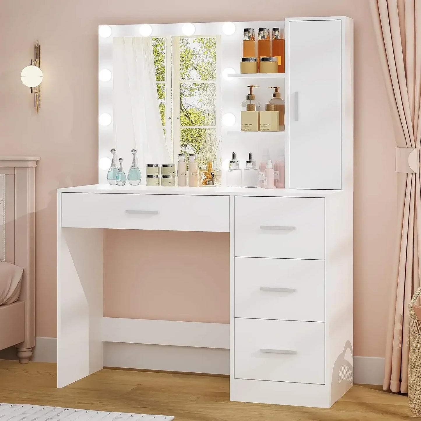 Makeup Vanity with Mirror and 10 LED Lights 4 Drawers Necklace Hooks