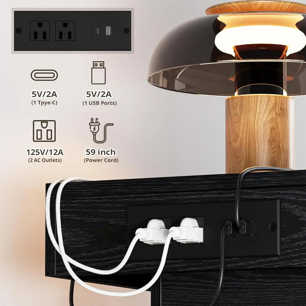Modern Bedside Table with Charging Station LED Lights and Drawers