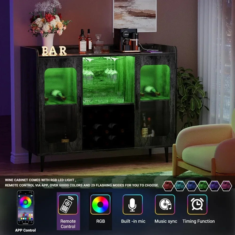 Liquor Cabinet Bar with Power Outlet LED Light Wine Storage Kitchen