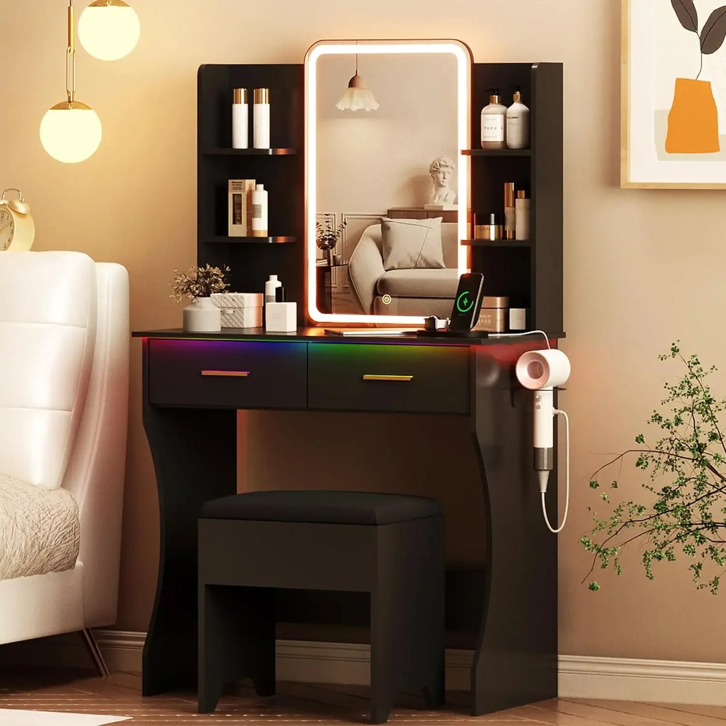 LED Makeup Vanity Desk with Mirror and Storage Drawers Chair Set