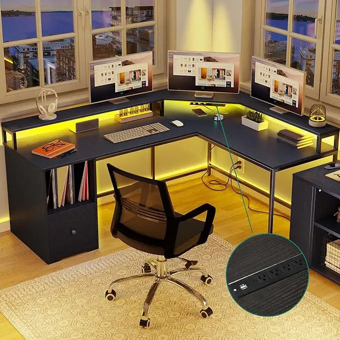 L Shaped Desk with Power Outlets LED Lights File Drawer Home Office
