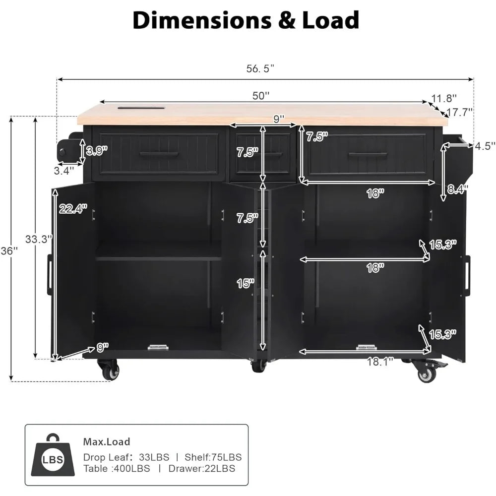 Kitchen Island with Drop Leaf Power Outlet Storage on Wheels