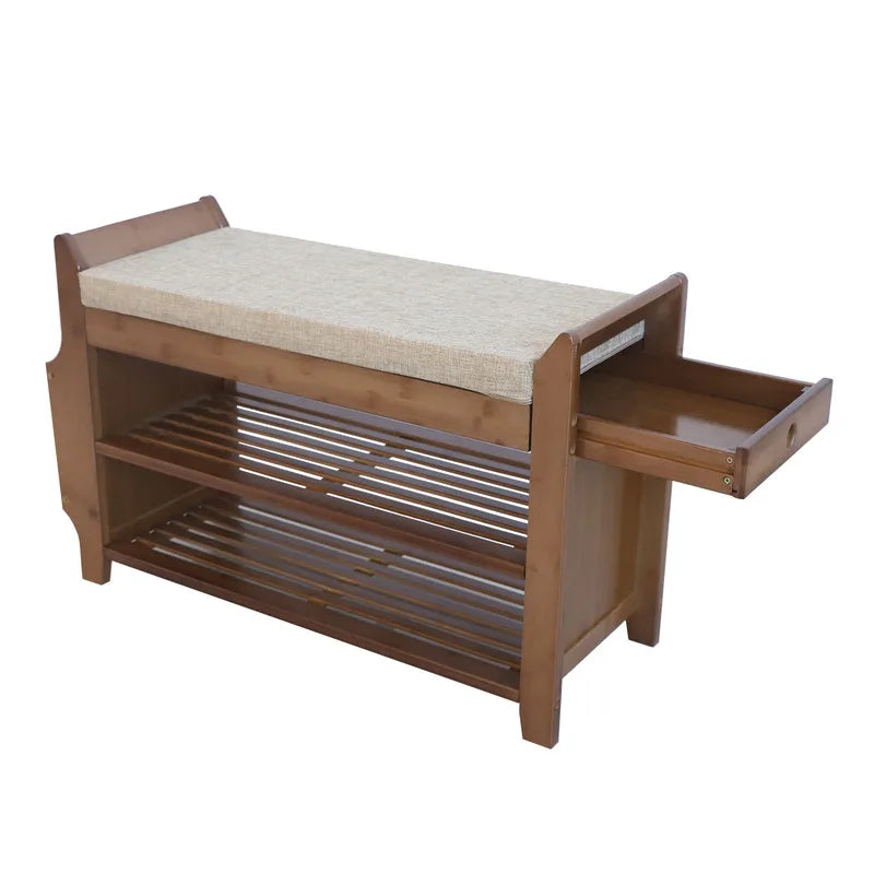 2-Tier Bamboo Shoe Bench with Removable Cushion Storage Organizer