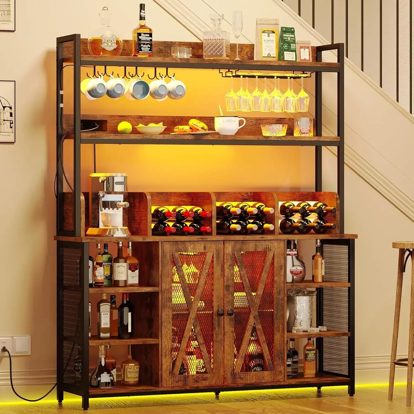 Coffee Bar Cabinet Industrial Buffet 3-Tier Liquor Storage Home Kitchen