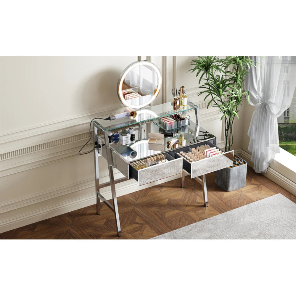 33.9" Mirrored Makeup Vanity Desk with LED Mirror and Storage Drawers