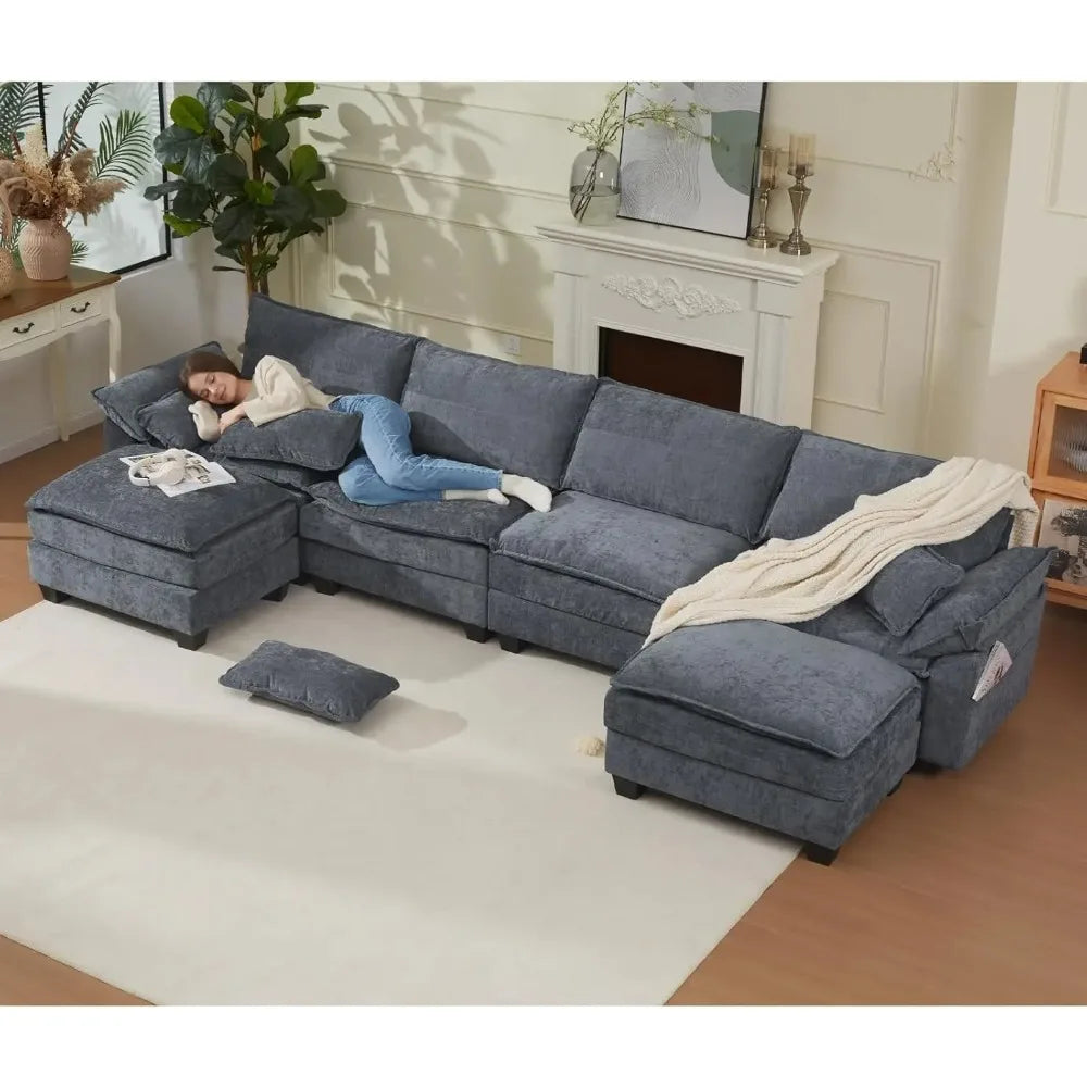 U-Shaped Modular Sectional Sofa with USB – Cloud Chenille Fabric Couch w/ Removable Covers