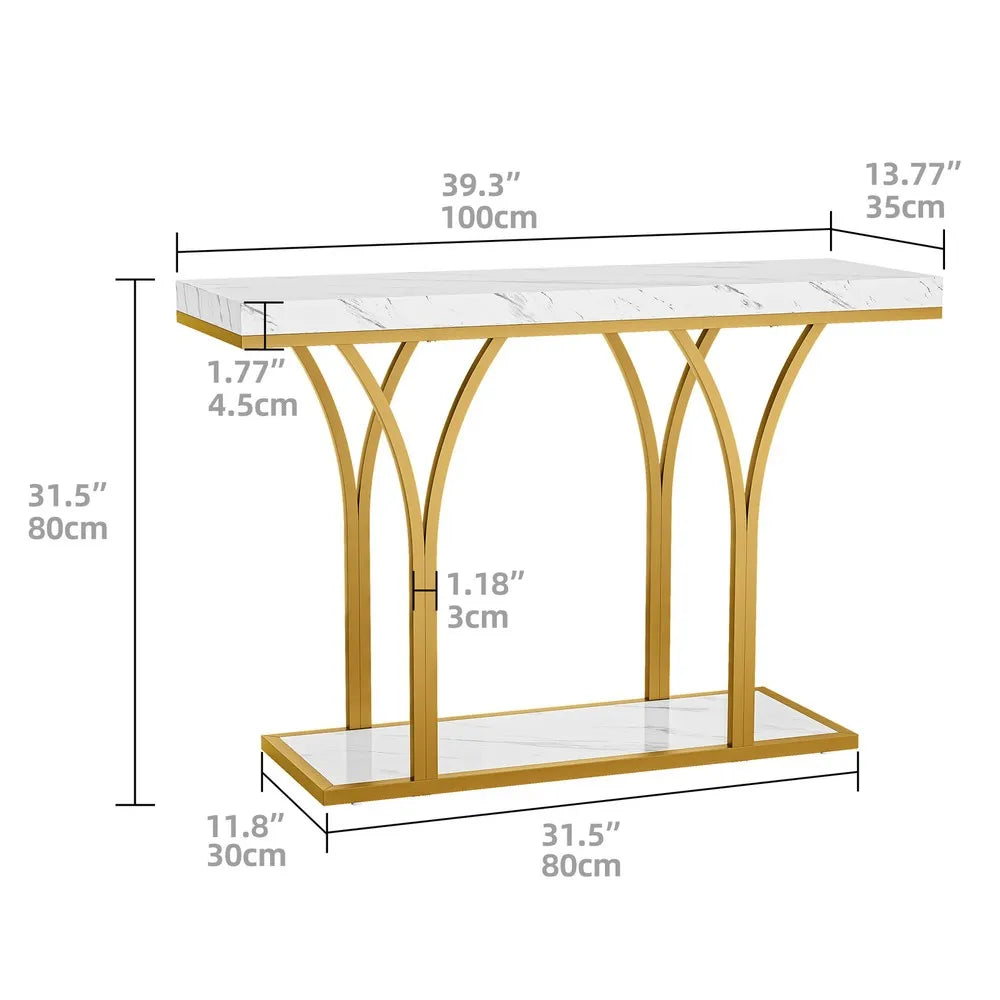 Gold Entryway Console Table with LED Lights Faux Marble Top 39 Inches