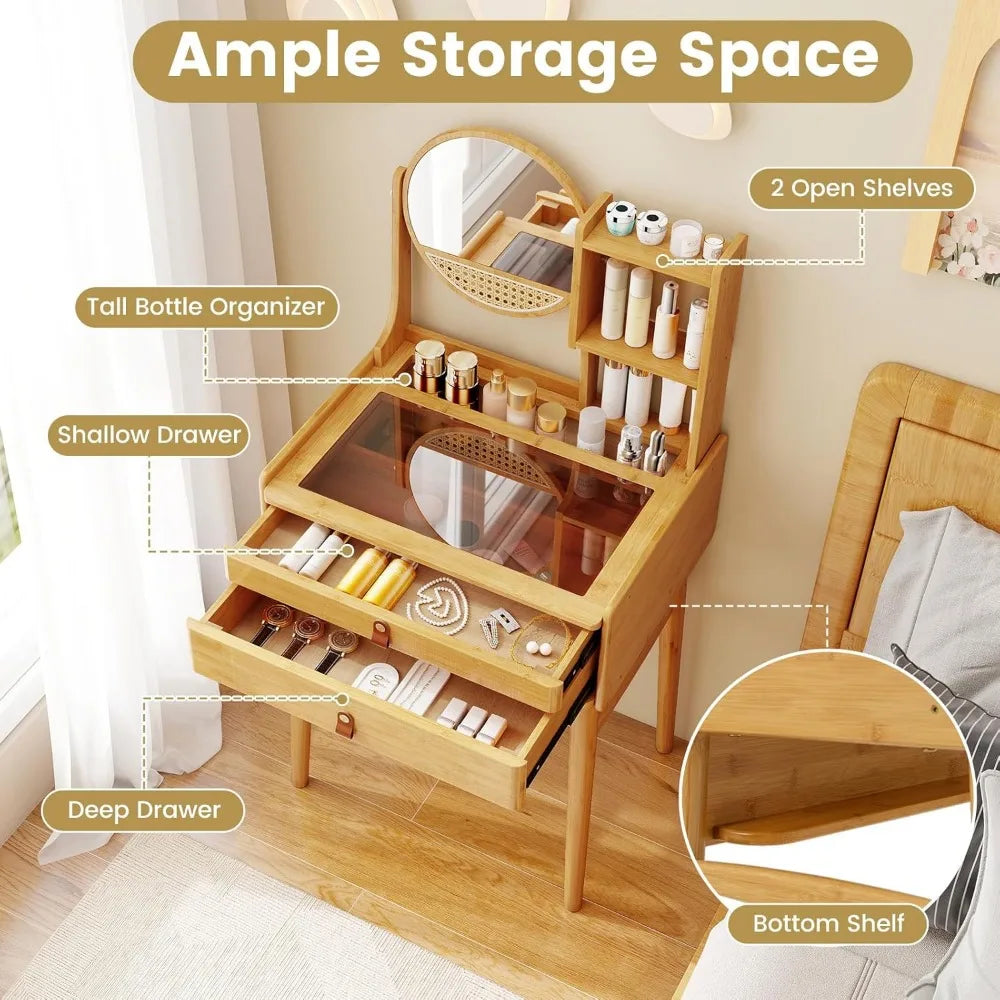 Small Bamboo Vanity Desk with Mirror Glass Top Storage Shelves