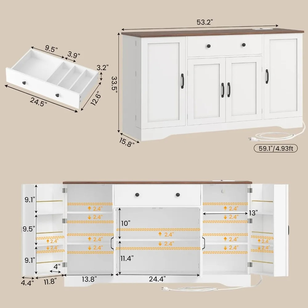 Buffet Cabinet with Storage and Charging Station Farmhouse Sideboard