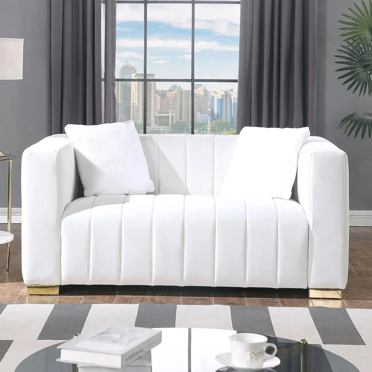 2-Piece Velvet Sofa Set White Tufted Couch & Loveseat with Pillows for Living Room