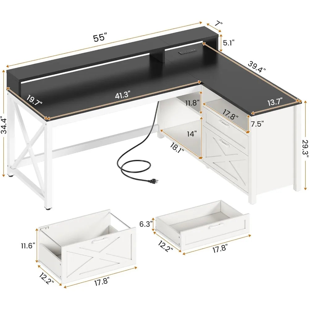 L Shaped Gaming Desk with LED Lights Power Outlet Storage Drawers