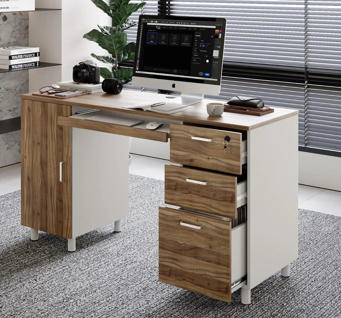 Modern Venice Computer Office Desk with Storage Cabinet and Drawers