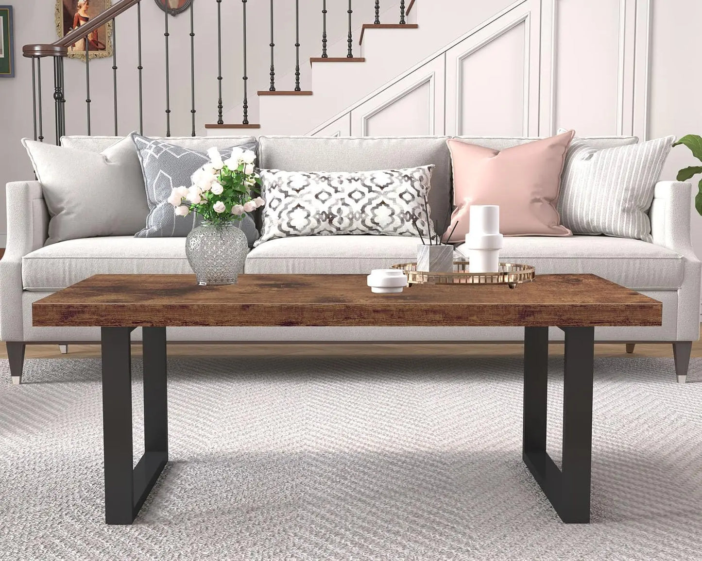 Rustic Industrial Rectangle Coffee Table Minimalist Wooden Center Table