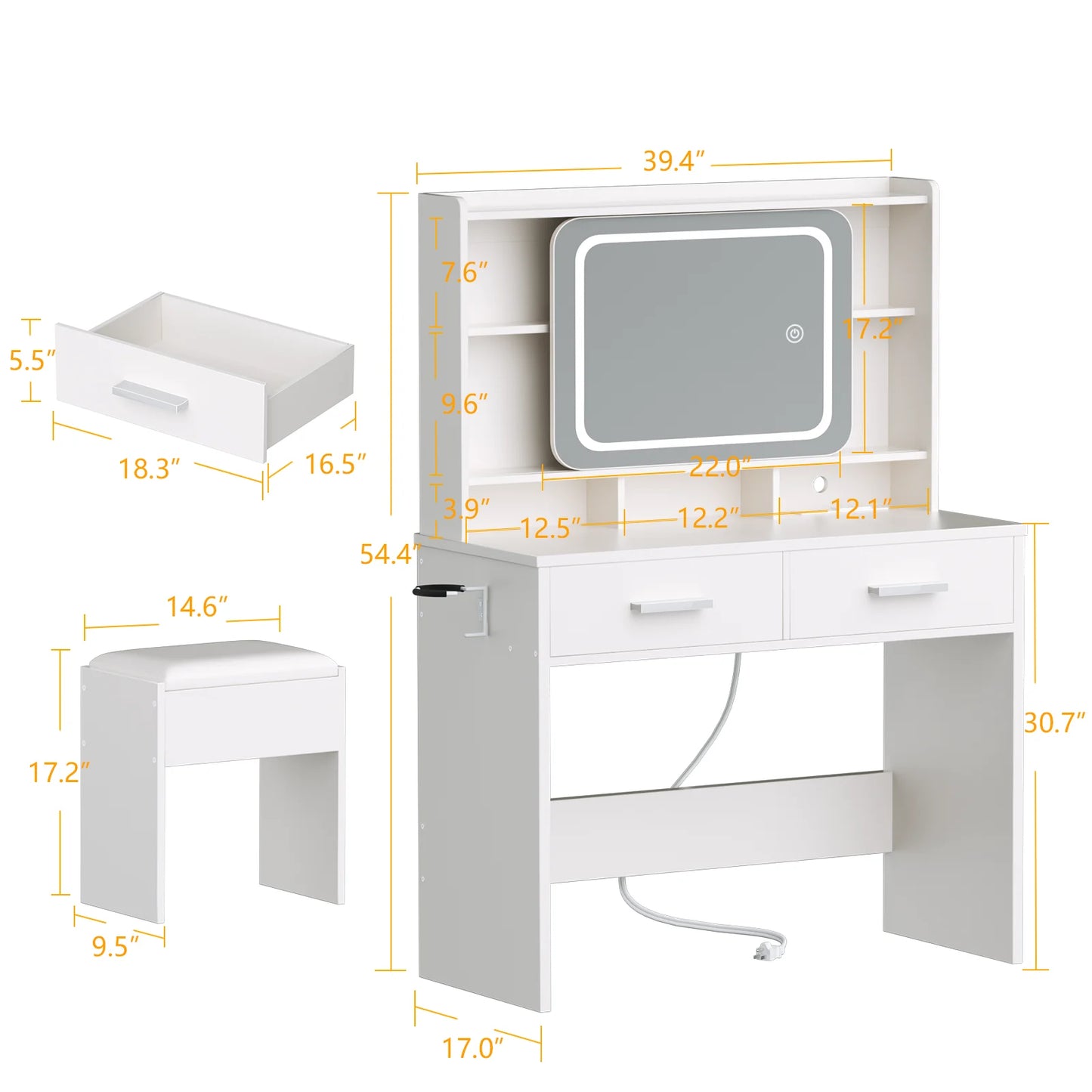 Satifur Vanity Desk with LED Mirror Power Outlets Makeup Stool Set