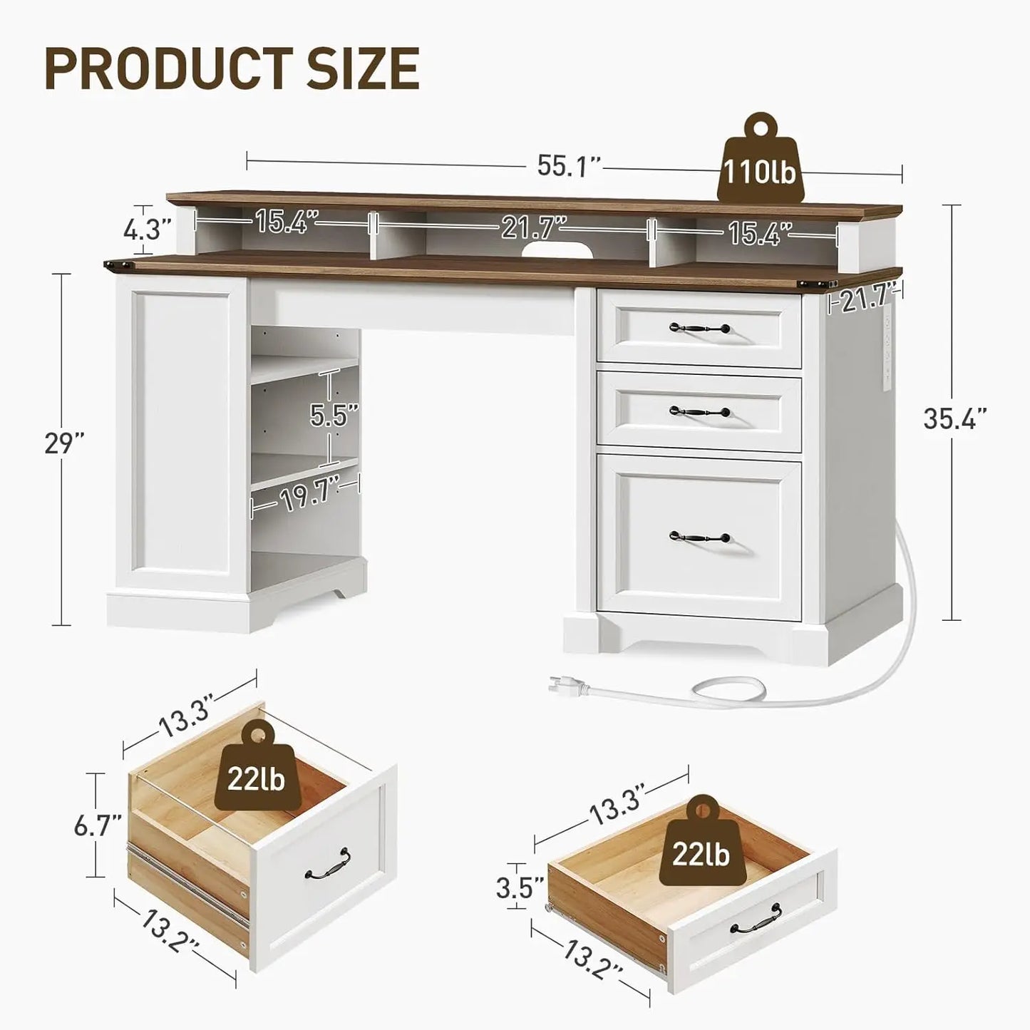 55 Inch Farmhouse Executive Desk with Drawers and Monitor Stand