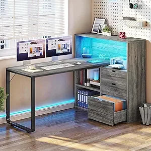 L Shaped Desk with Power Outlets LED Lights Computer Desk with Drawers