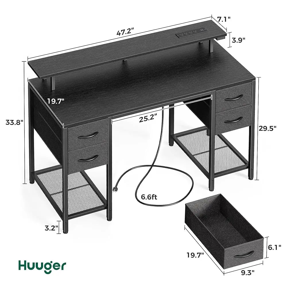 Ljustra 47 Inch Computer Desk with 4 Drawers LED Lights Power Outlets
