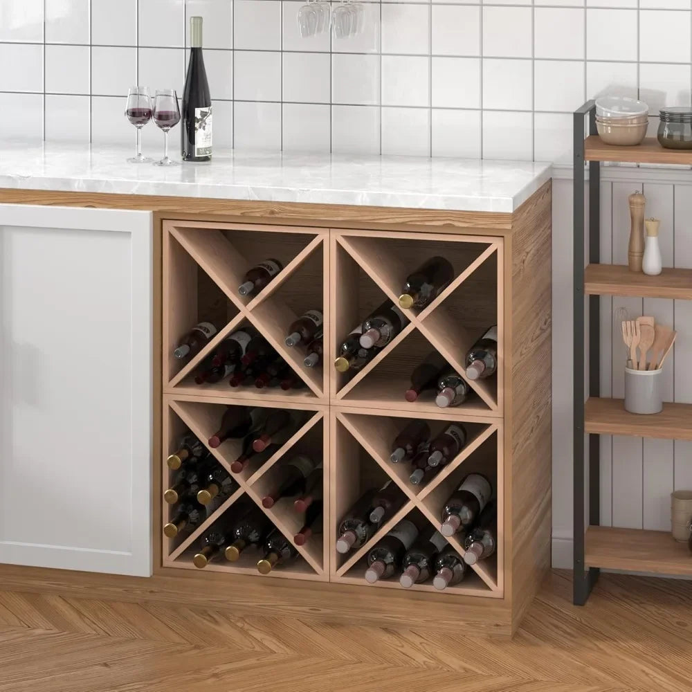 Wine Rack Wooden Countertop Storage Cube Freestanding Holder for 24 Bottles