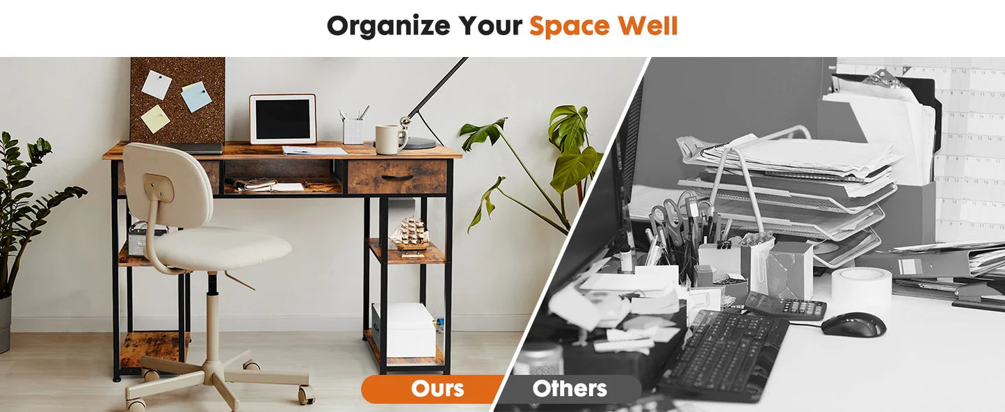 Ljustra 48 Inch Double Deck Shelving Office Desk with Storage Drawers