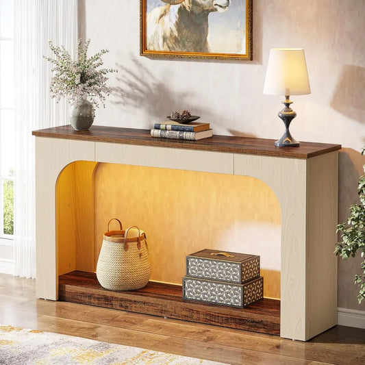 55 Inch Console Table with LED Lights Farmhouse Storage Sofa Table