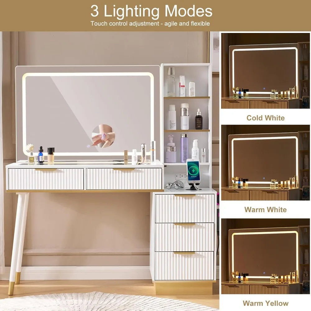 54 Inch Tall Vanity Desk with Large Mirror 5 Drawers and Shelves