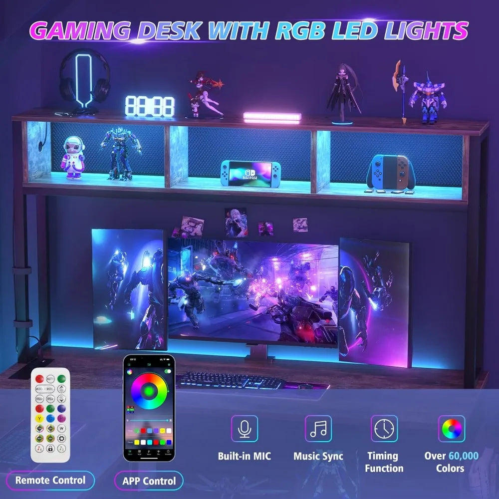 L Shaped Computer Desk with LED Lights USB Ports Reversible Storage