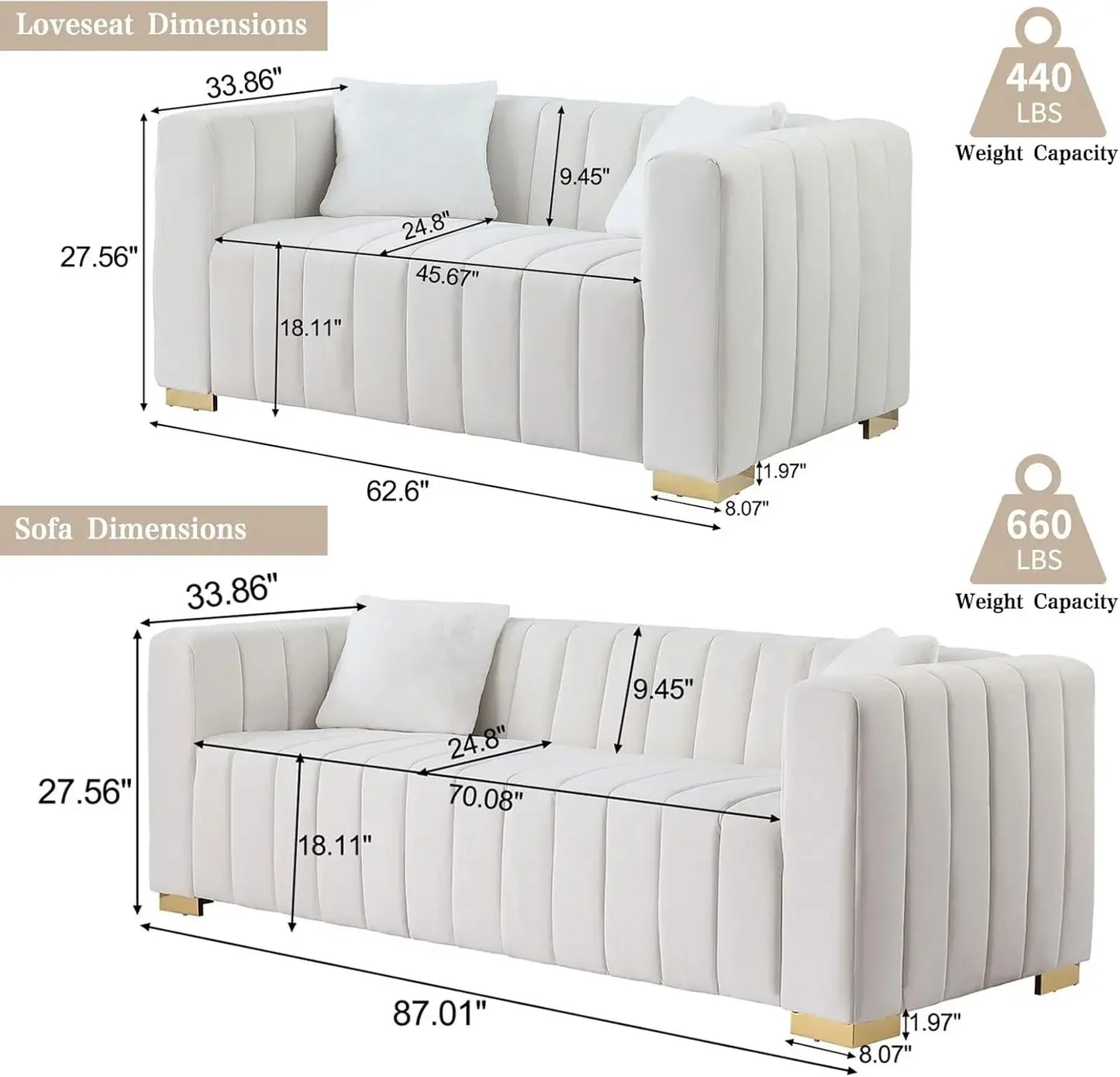 2-Piece Velvet Sofa Set White Tufted Couch & Loveseat with Pillows for Living Room