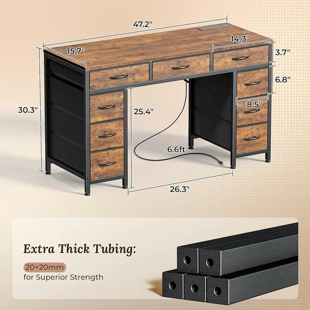 47 Inch Office Desk with Outlets and 9 Fabric Drawers for Home Office