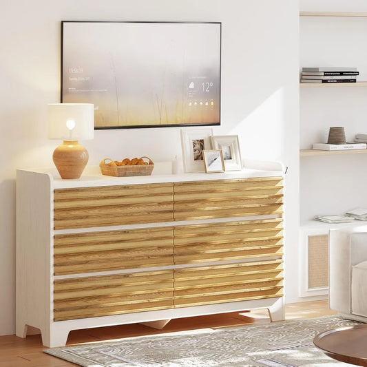 Fluted Dresser 59" Wide Wood Chest with 6 Drawers and Hooks for Bedroom