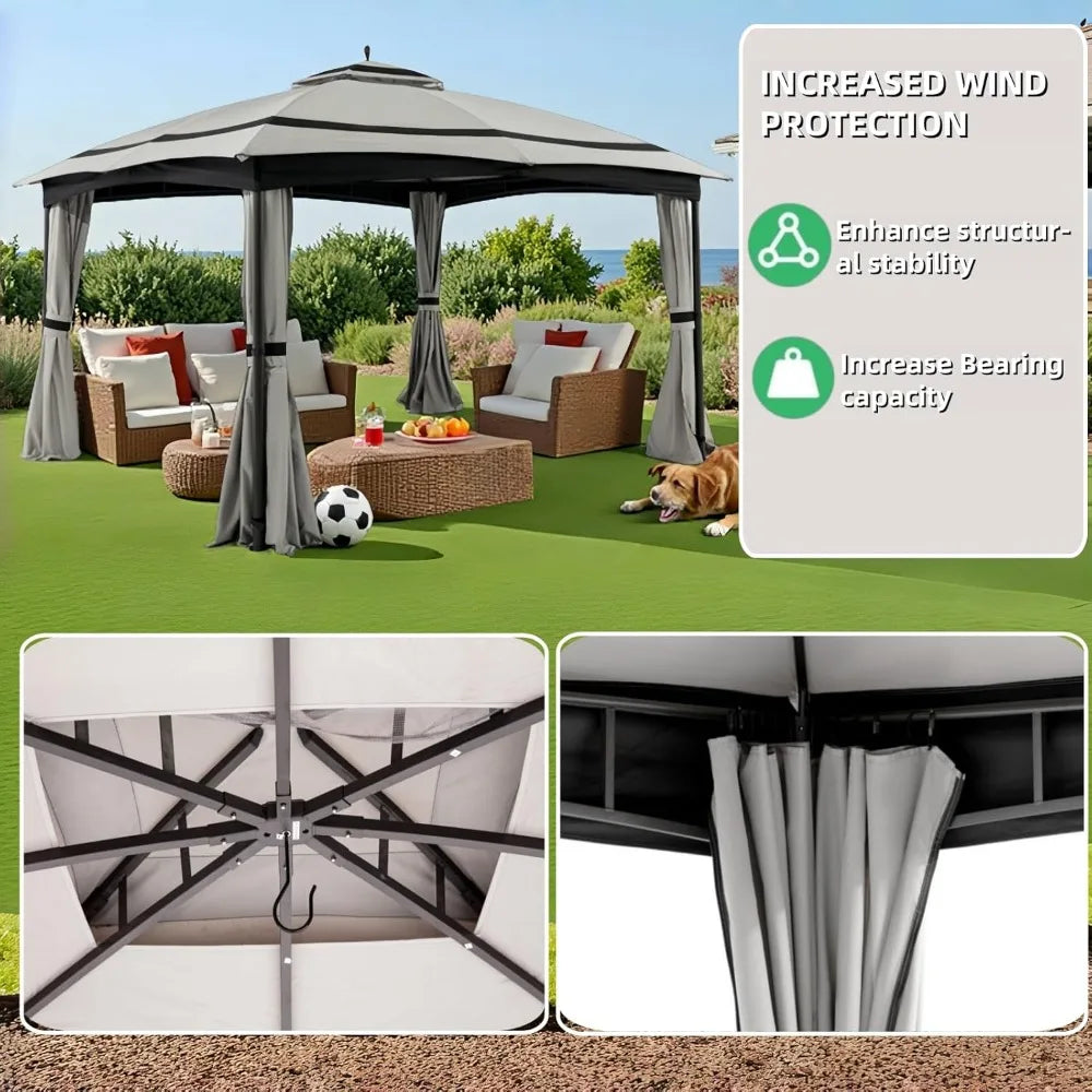 11x13ft Patio Gazebo with Curtains Sandbags Double Tier Roof Canopy