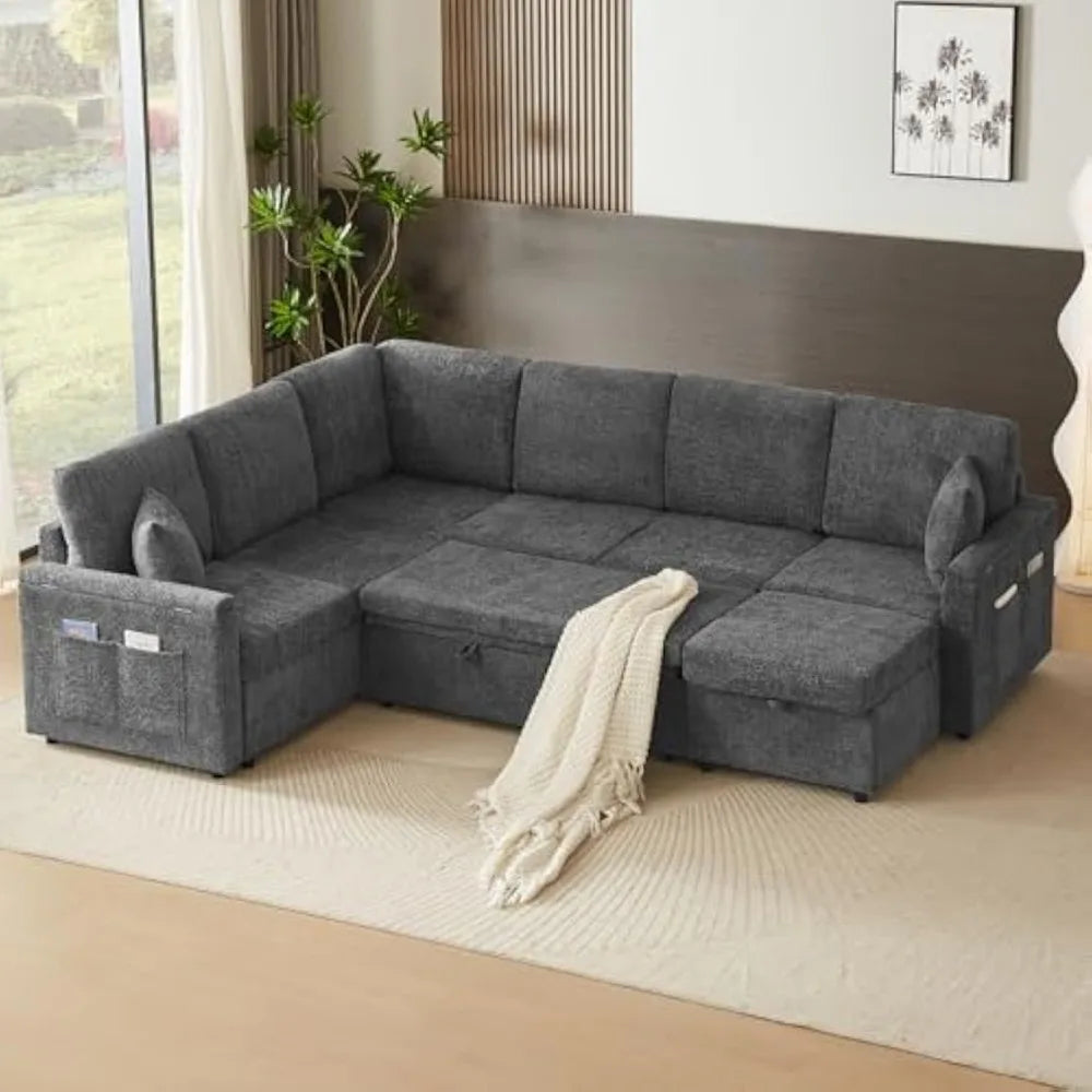 Modern U Shaped Sleeper Sofa Bed 8 Storages Sectional Couch 7 Seater
