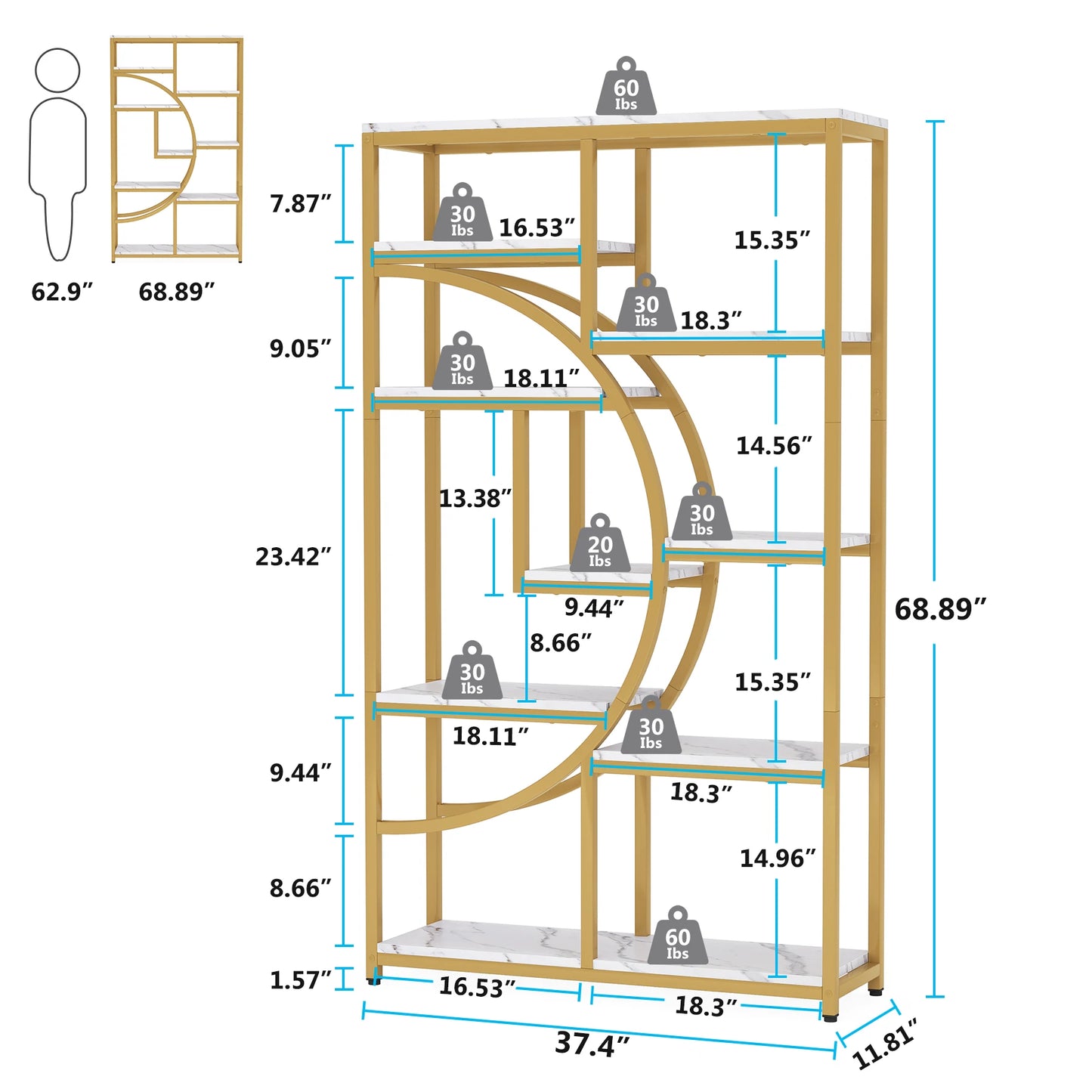 Tribesigns Gold 8-Shelf Etagere Bookcase Modern Display Shelf