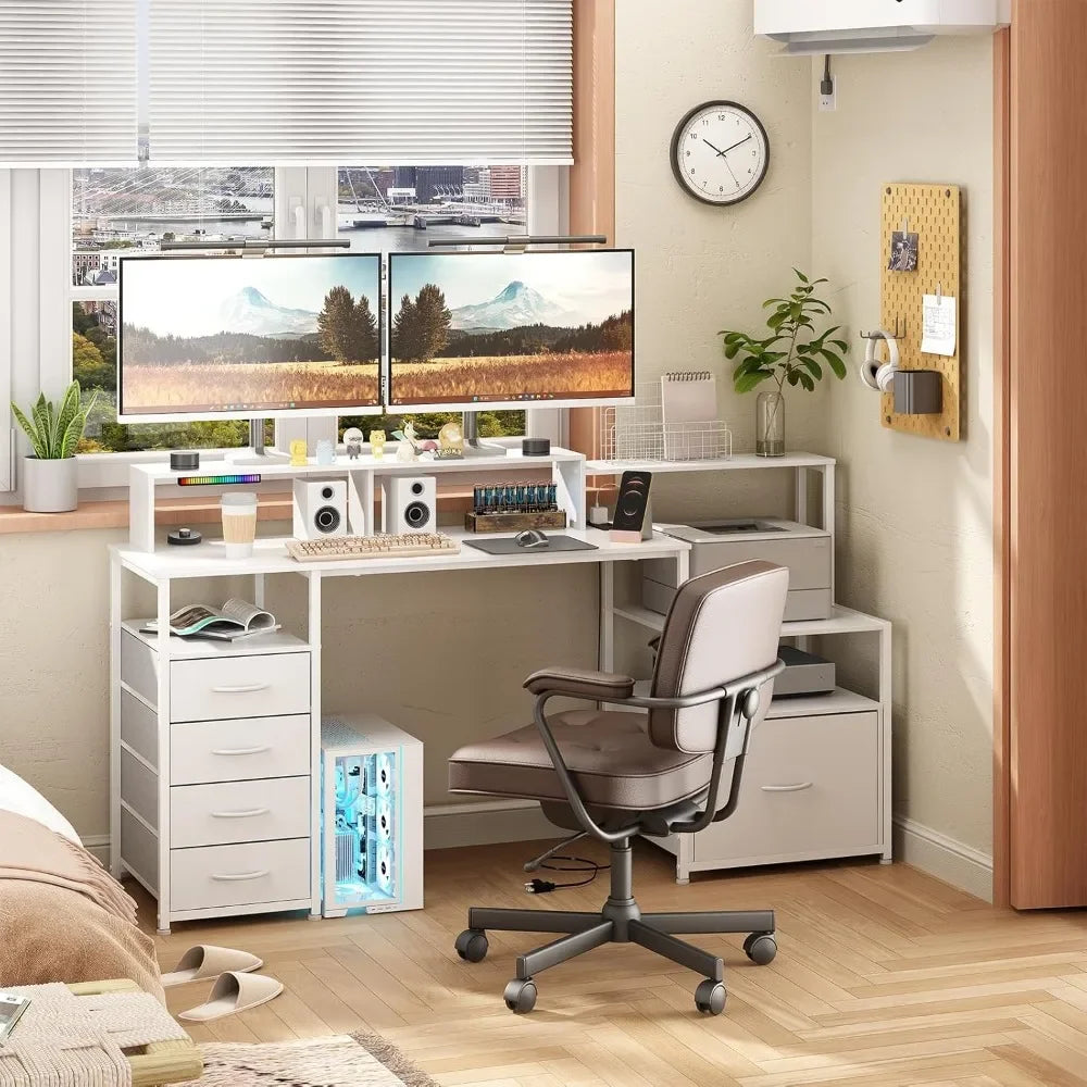 67 Inch Modern Computer Desk with Drawers Power Outlet LED Lights Gaming