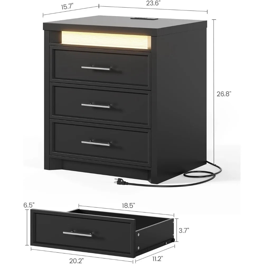 Night Stand with Charging Station LED Lightbox 3 Drawer Bedside Table