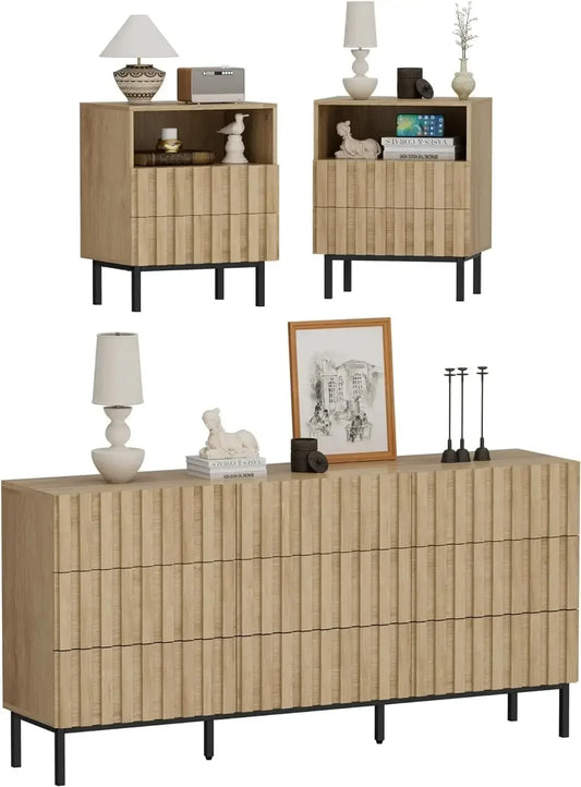 Fluted 9 Drawer Dresser Nightstand Set Mid Century Modern Bedroom