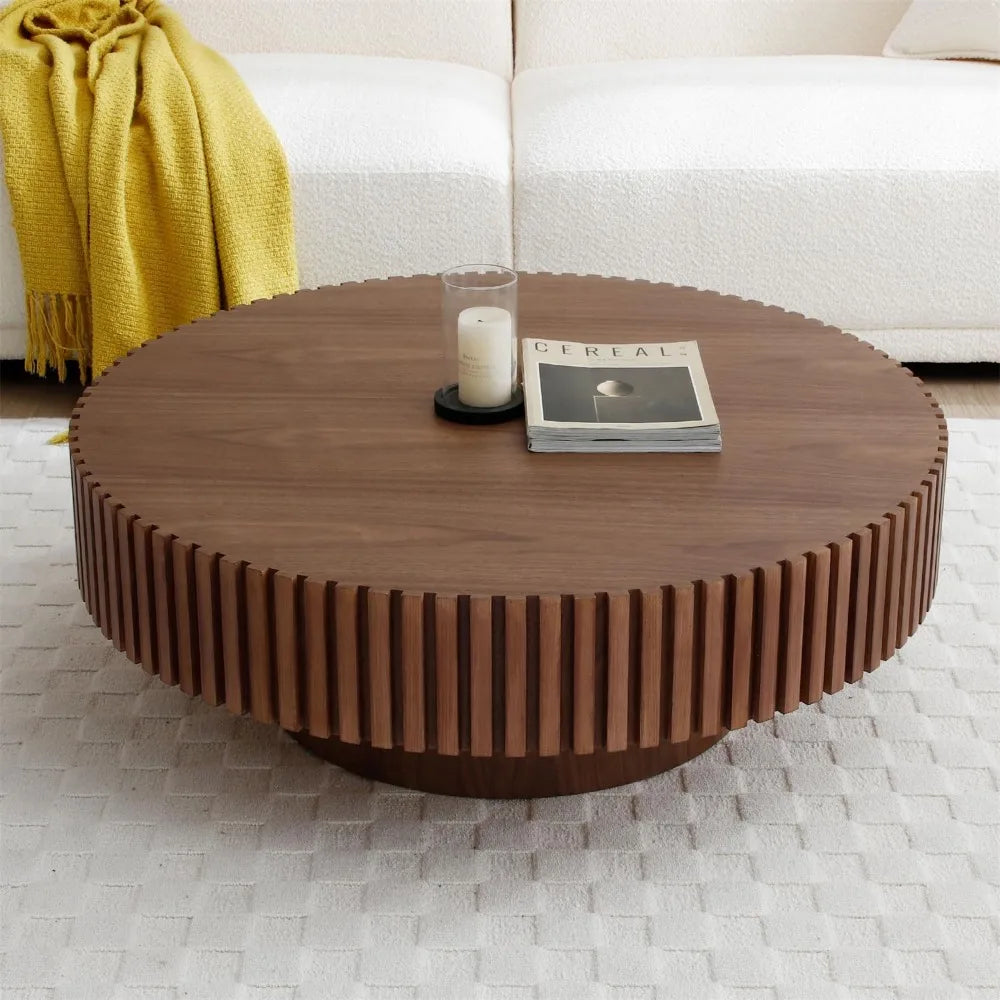 Modern Round Walnut Coffee Table Solid Wood Pedestal for Small Spaces