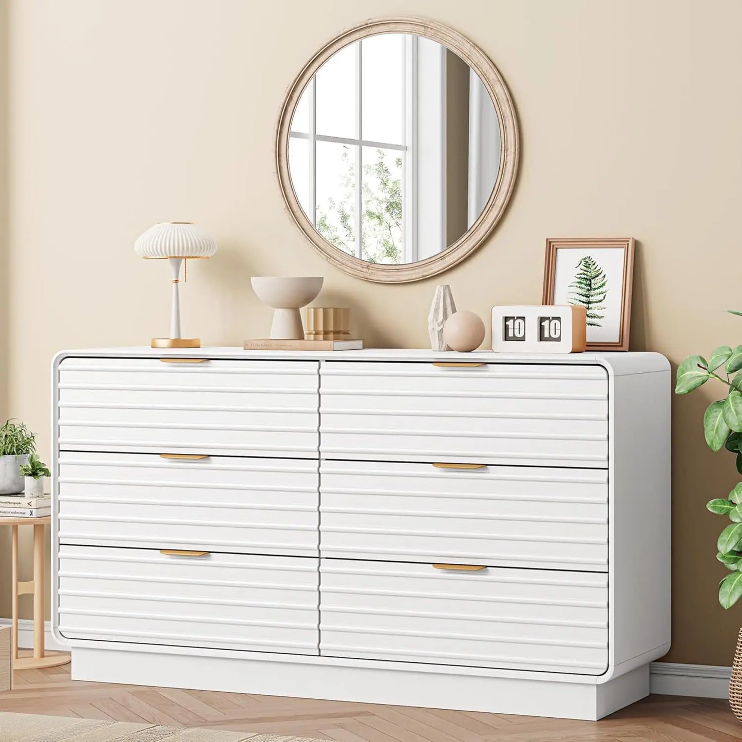 Fluted 6 Drawer Dresser Modern Bedroom Storage 54 Inch Wide Furniture