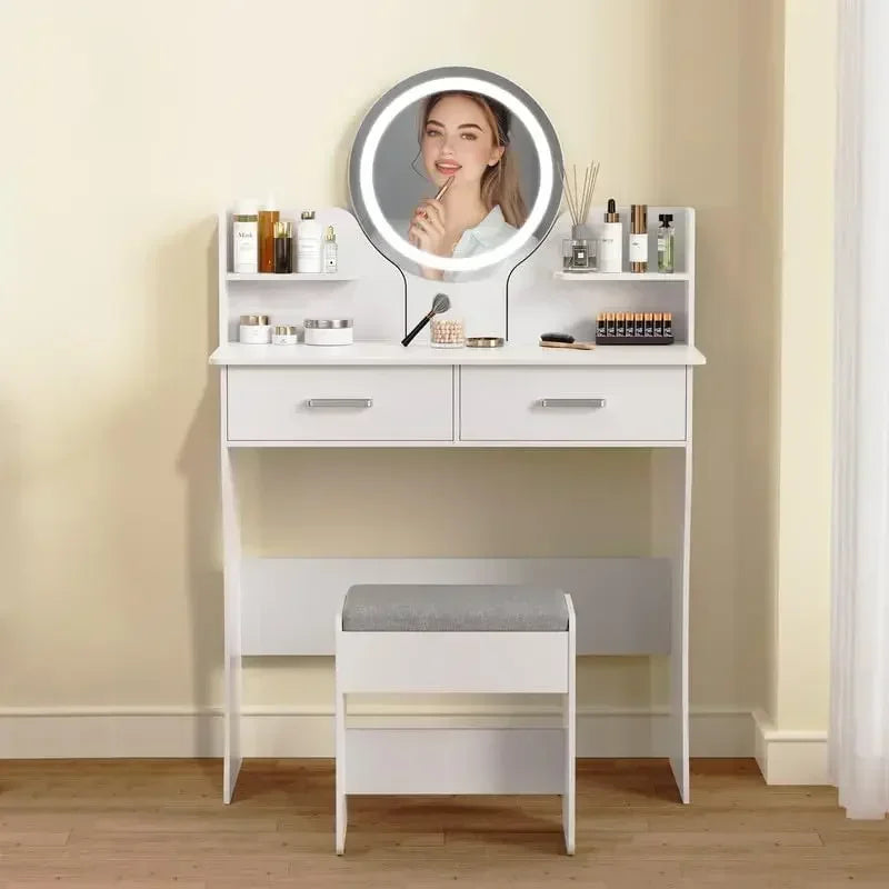 Vanity Desk with Mirror and Lights Makeup Table Set Storage Chair