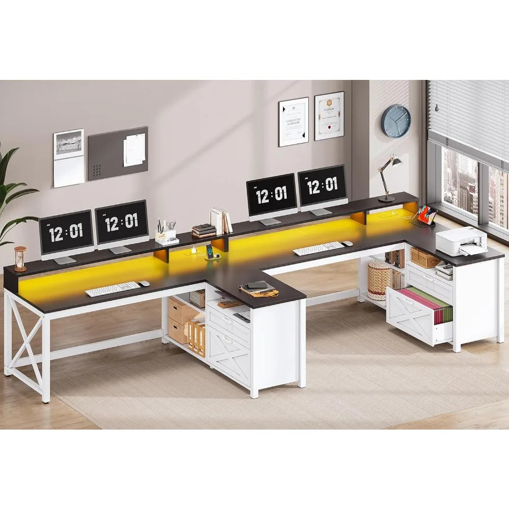 L Shaped Gaming Desk with LED Lights Power Outlet Storage Drawers
