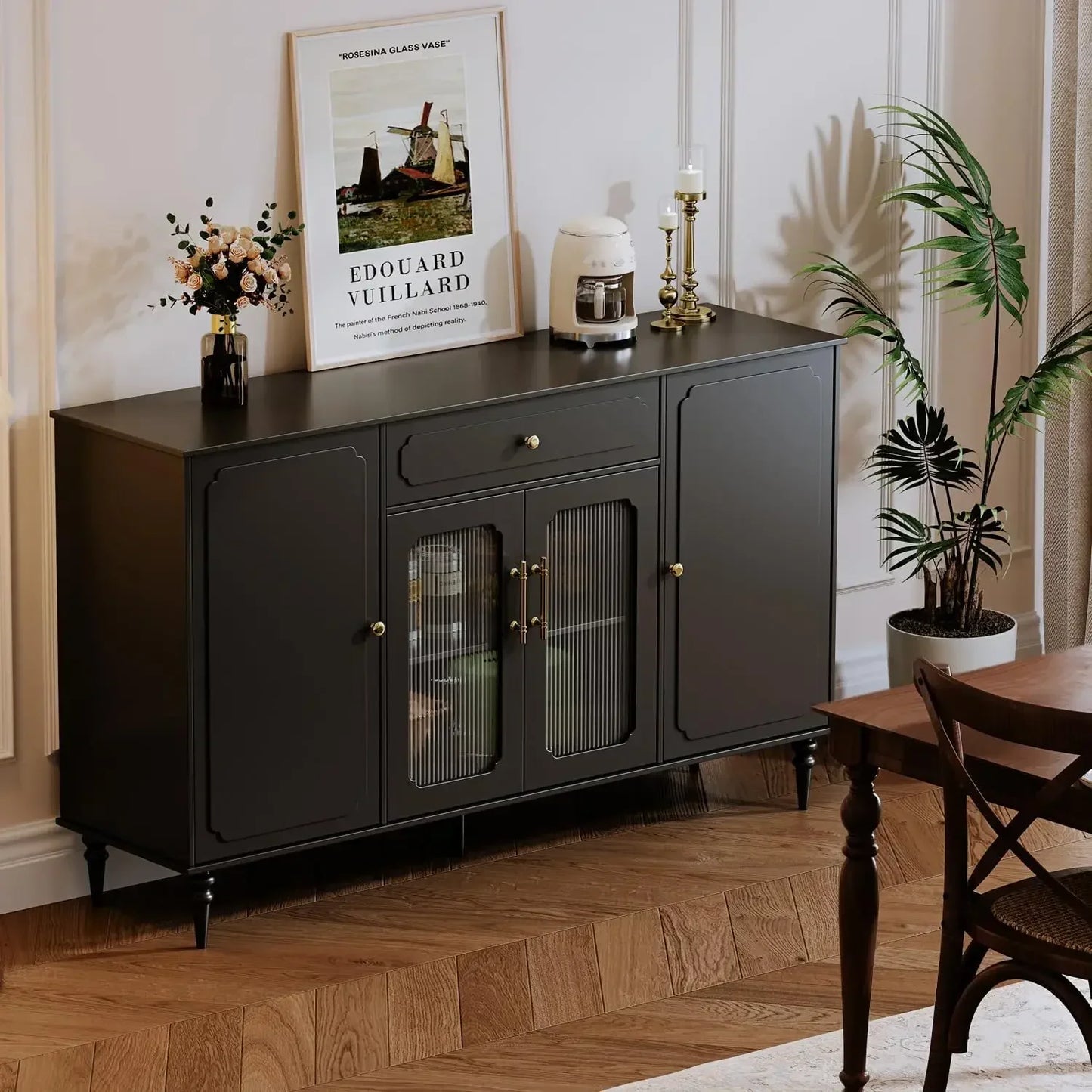 Sideboard Buffet Cabinet Coffee Bar with 4 Doors 1 Drawer Storage