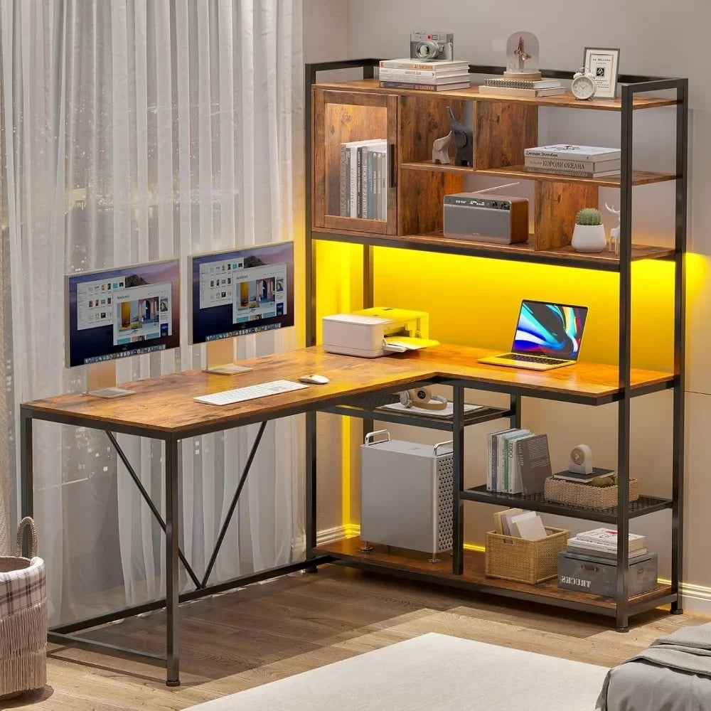 L Shaped Computer Desk with LED Light and Bookshelf for Home Office
