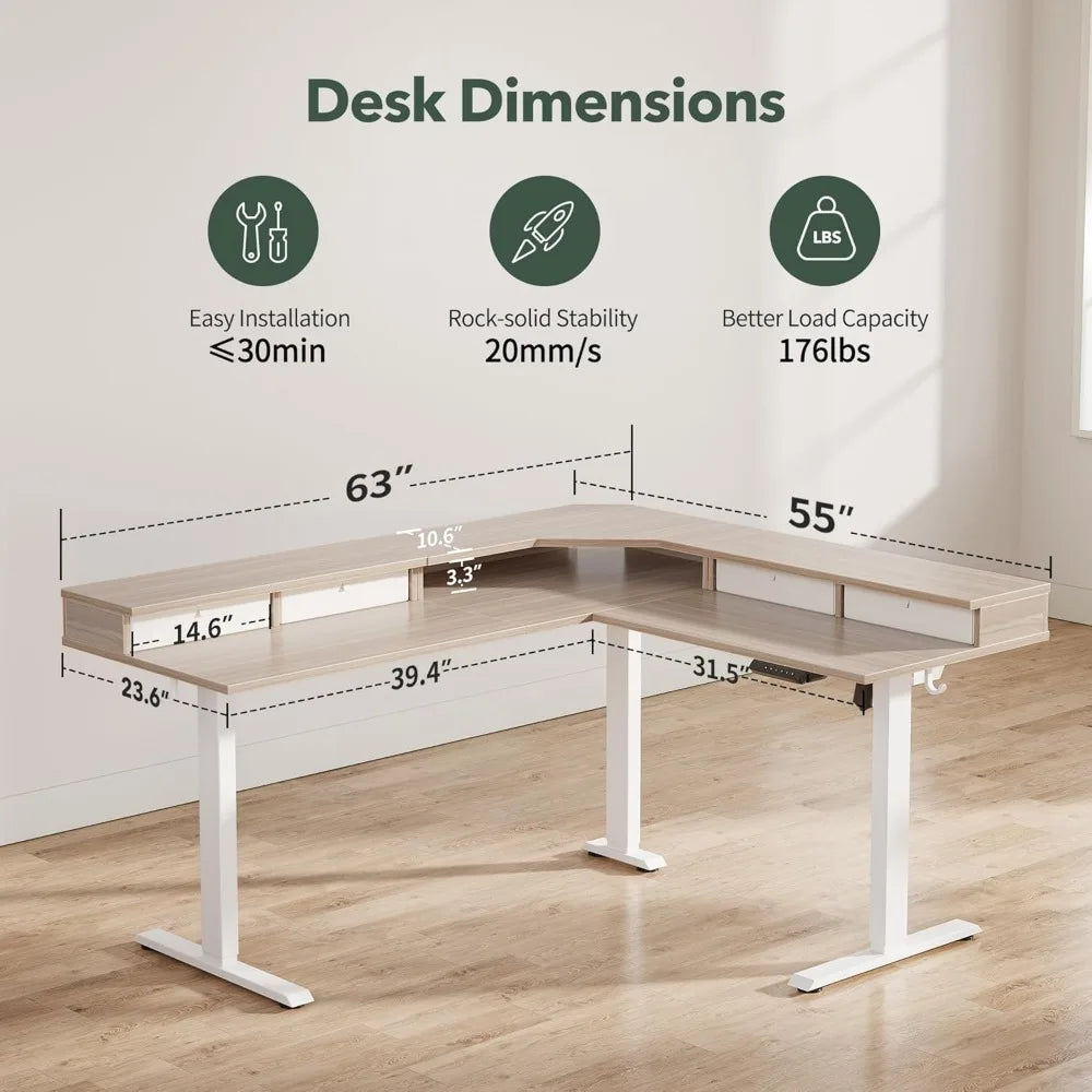 L Shaped Electric Adjustable Height Desk with 4 Drawers for Home Office