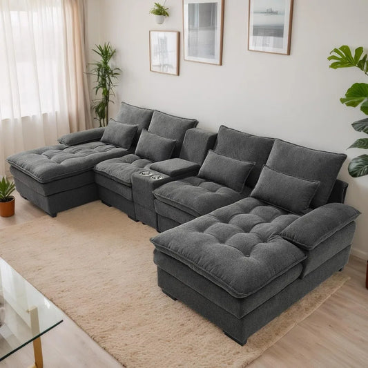 130” U Shaped Cloud Sectional Sofa with Storage & Cup Holders | Fjellheim