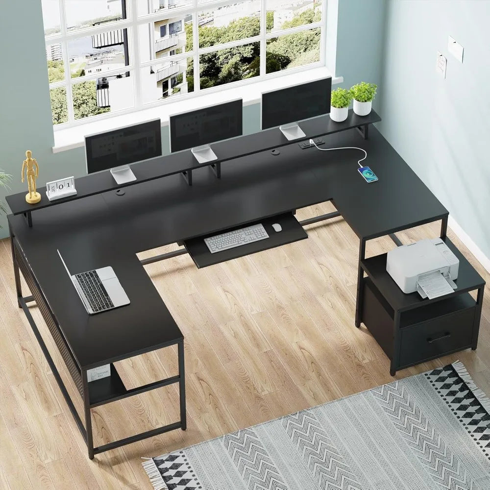 Reversible U Shaped Desk with File Drawer and Power Outlet for Home Office